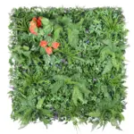 Levensechte Kunstplant Sedum Wand Anthurium - 100x100cm, een volle kunsthaag met diverse kunstplanten en rode Anthurium accenten