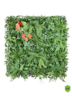 Levensechte Kunstplant Sedum Wand Anthurium - 100x100cm, een volle kunsthaag met diverse kunstplanten en rode Anthurium accenten