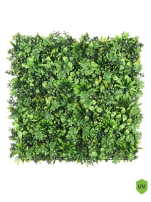 Kunsthaag wandpaneel van 50x50 cm met een mix van vetplanten en groene bladeren.