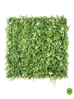 Mix Sedum kunsthaag van 50x50 cm met groene blaadjes en witte bloemen.