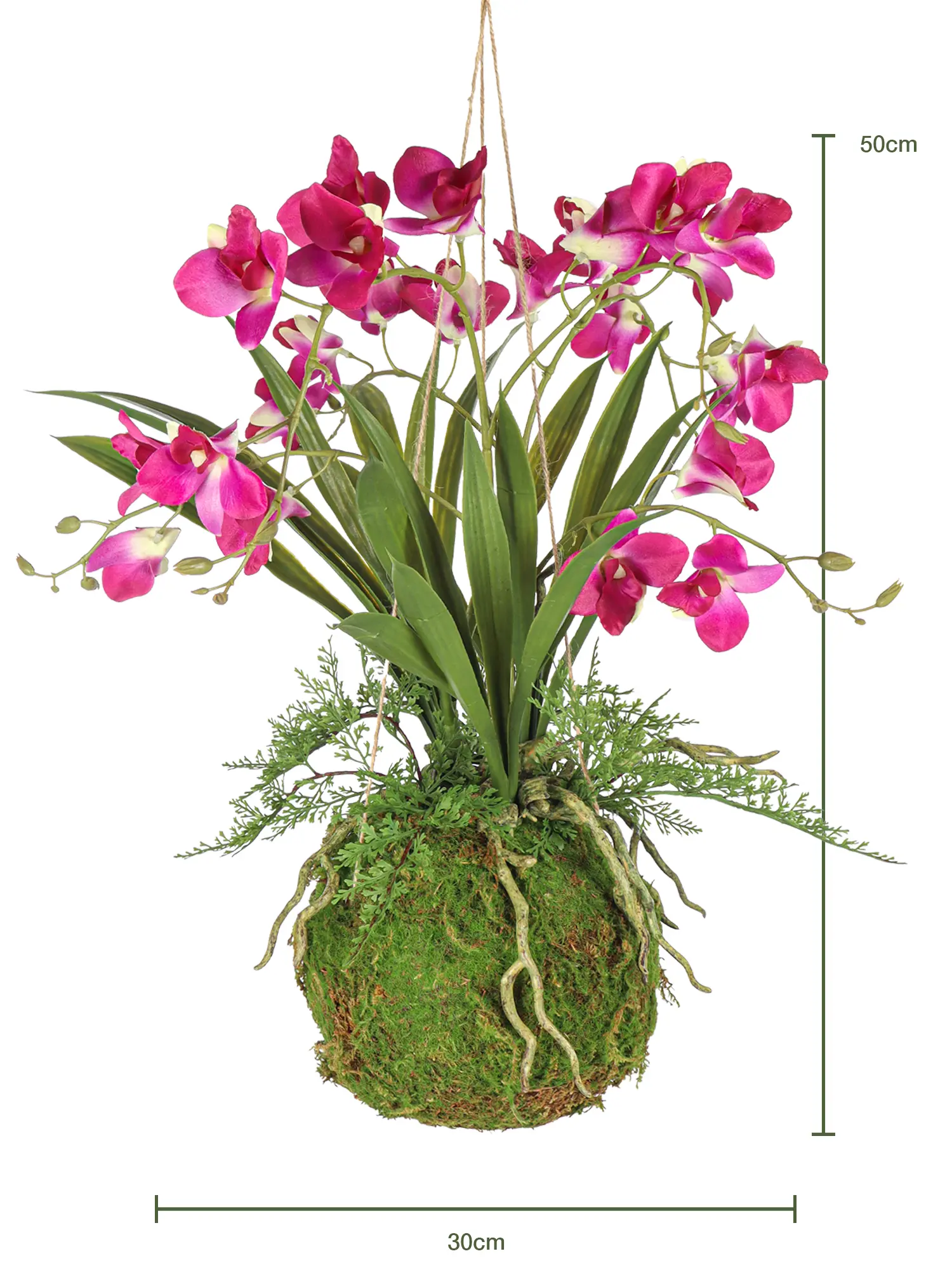 Kunst hangplant met bloemen – Orchidee fucsia in kokodama 50 cm | Kunstpalm.nl
