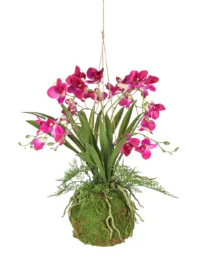 Kunst Kokodama Orchidee Fucsia 50cm – mosbol kunstplant hangend | Kunstpalm.nl