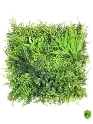 Wilde vegetatie mix kunsthaag 50x50 cm – realistische groene wanddecoratie met diverse plantensoorten