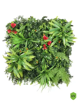 Tropische kunstwand 50x50 cm – realistische oerwoud plantenmix voor een luxe interieurdecoratie.