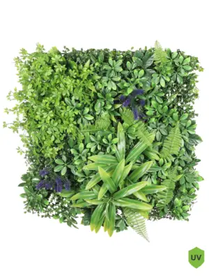 Tropische oerwoud kunstwand 50x50 cm – levendige groene plantenmix met paarse accenten.