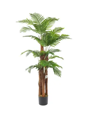Realistische kunstpalmboom met natuurlijke kokosstammen en 33 flexibele palmbladeren.