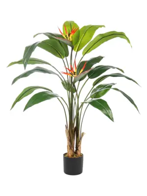 Kunst Paradijsvogelplant 130cm met realistische bloemen en brede bladeren.