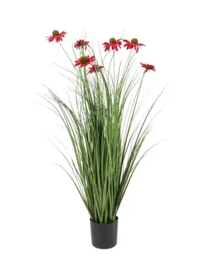 Kunstgrasplant met fuchsia roze bloemen 95cm in pot.