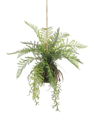 Onderhoudsvrije nep kokedama hangplant met varenbladeren – Kunstpalm.nl