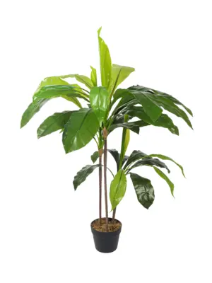 Dracaena kunstplant groen 110cm met drie stammen, lange bladeren en een opgerold nieuw blad