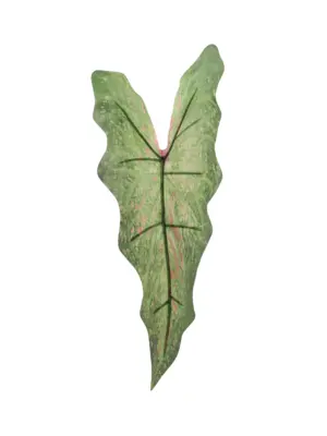 Kunst Syngoniumblad Groen met donkergroene tinten en lichtroze spikkels op steel.