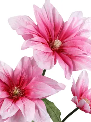 Extra grote kunst Clematis roze 175 cm met drie stervormige textiel bloemen voor etalages en evenementen.