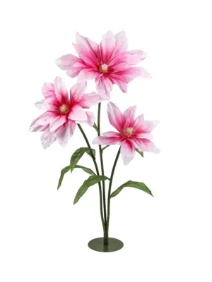 Extra grote kunst Clematis roze 175 cm met drie stervormige textiel bloemen voor etalages en evenementen.