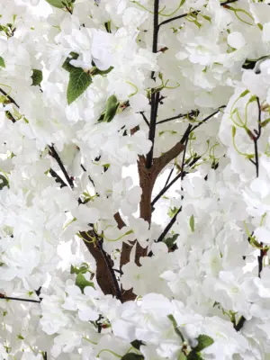 Witte bloesemboom 225 cm hoog – kunstbloesemboom met friswitte bloesems en natuurlijke takken, te koop bij Kunstpalm.nl