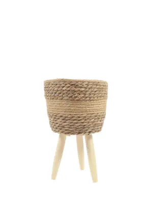 Plantenpot Zeegras met Standaard Klein – handgevlochten zeegras plantenpot op pootjes – 22cm diameter – Kunstpalm.nl