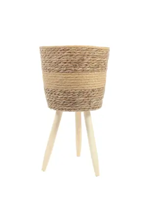 Plantenpot Zeegras met Standaard Middel – handgevlochten zeegras plantenpot op pootjes – 25cm diameter – Kunstpalm.nl