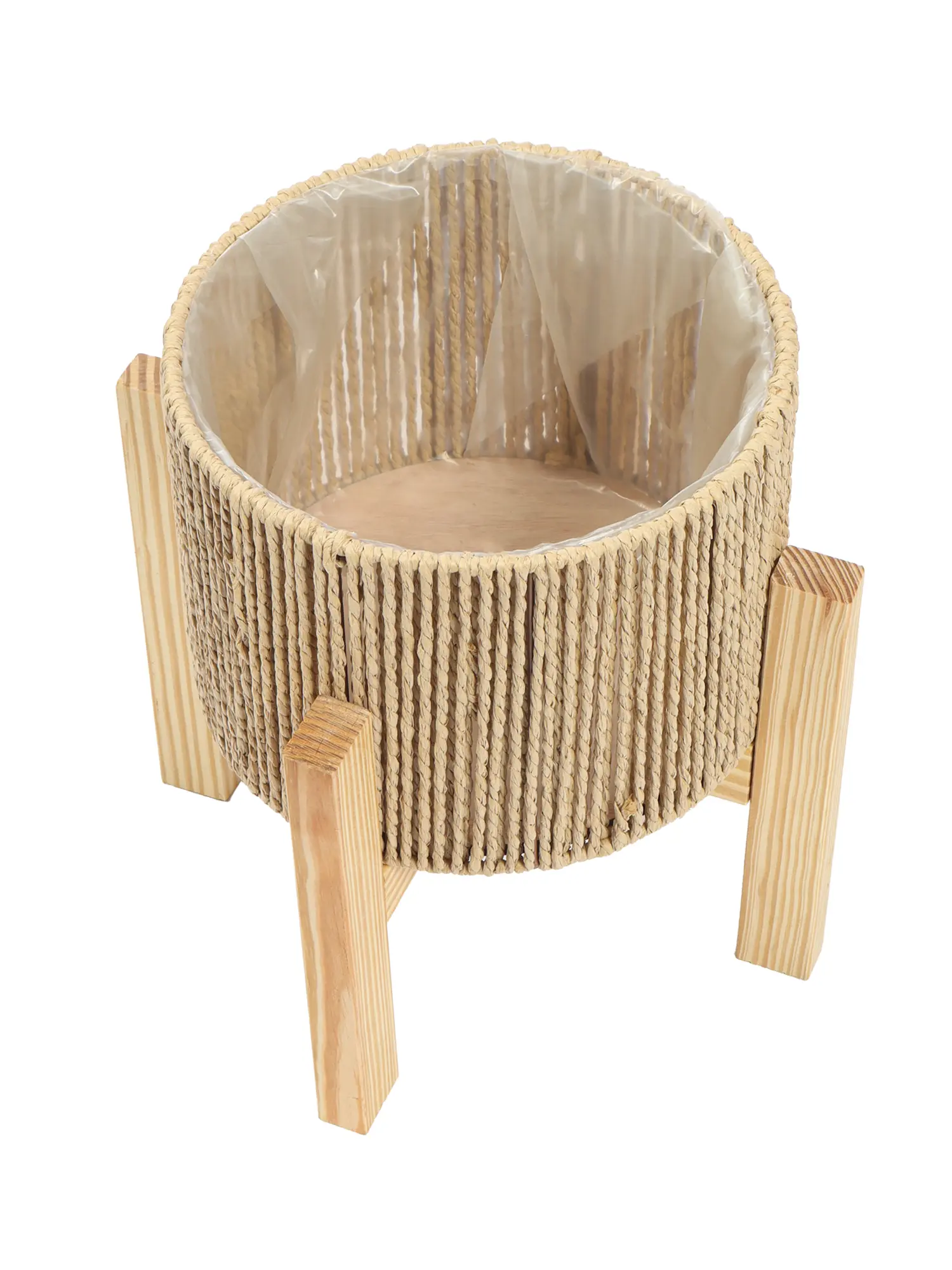 Een stevige en decoratieve touwmand met houten standaard, perfect voor kunstplanten en woondecoratie.