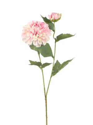 Roze witte nepdahlia van Kunstpalm.nl met grote en kleine bloem en groene bladeren voor een boeket kunstbloemen.