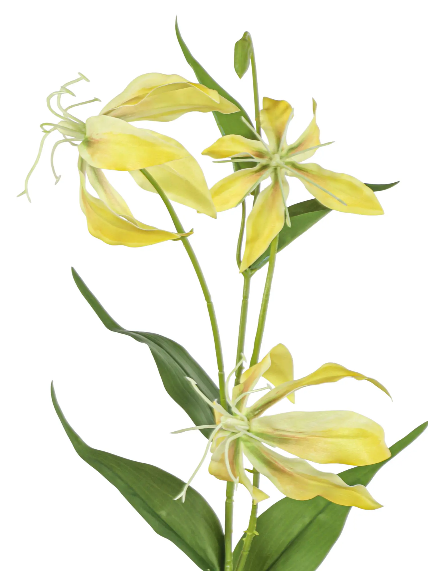 Kunstbloem Gloriosa Geel met groene bladeren.